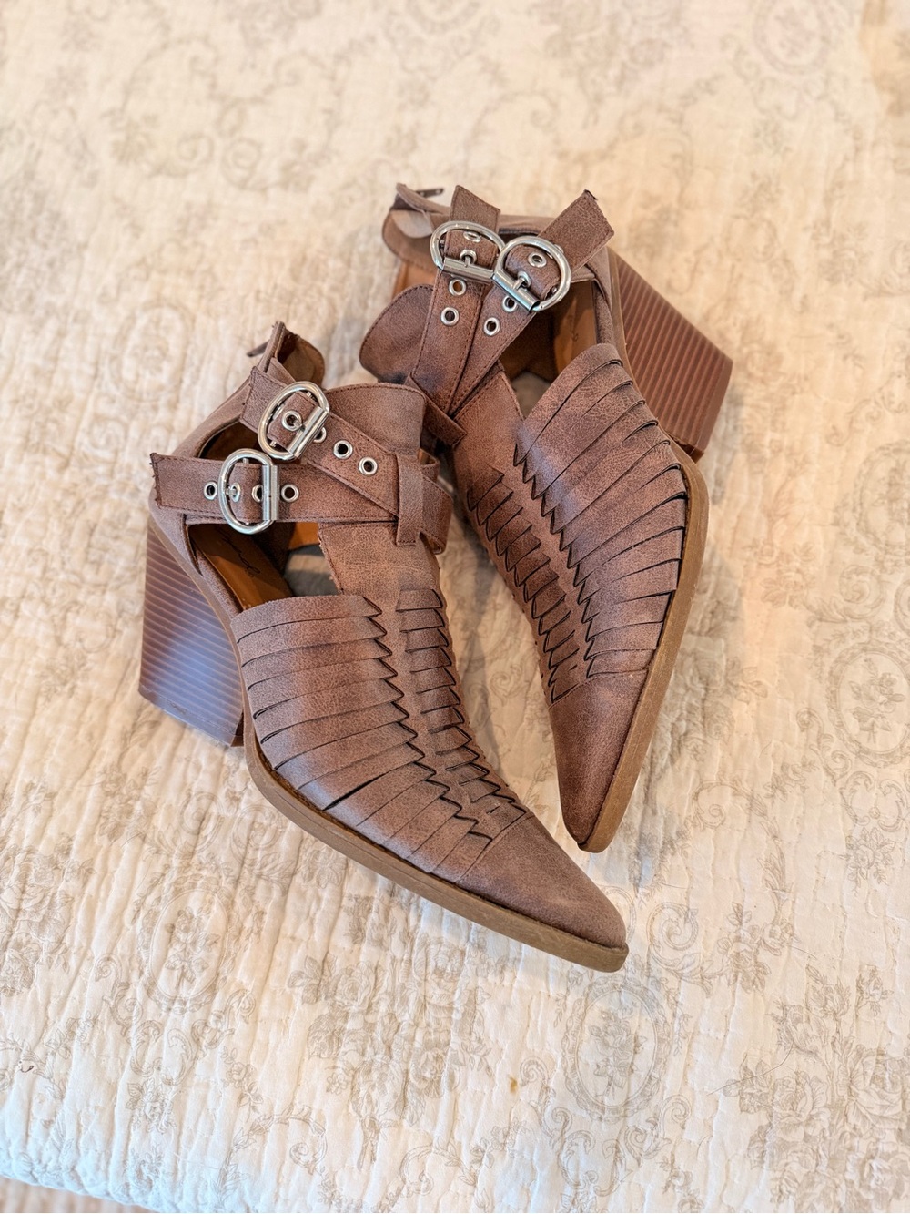 Woven Pointed-Toe Block Heel Ankle Boots - Brown